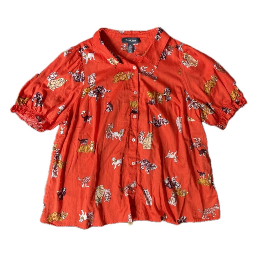 ModCloth 100% Cotton Red Cat Novelty Print Button-Down Shirt Size 1X.